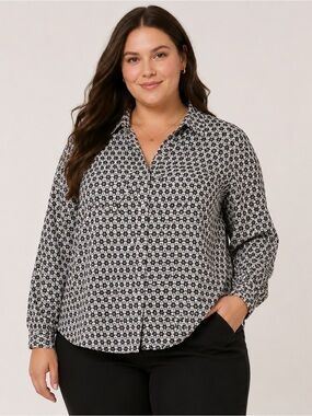 LANDS END BLACK FLOWERS WHITE BACKGROUND LONG SLEEVE BUTTON UP BLOUSE SIZE 16W